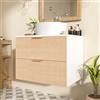 REXO Mobile da bagno da parete da 60 cm, con lavabo rotondo in ceramica, frontali dei cassetti effetto legno, design semplice a strisce, pannello MDF di alta qualità, grande volume di archiviazione: 2