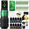 U-REX Kit per macchina tatuaggio, corsa regolabile 2,3-4,2 mm, batteria 1800 mAh, 20 aghi per cartuccia, 10 inchiostri, verde (Green-kit-1+P) (Green-kit-1+P)