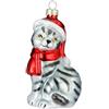 Holly & Jolly - Pallina di Natale Gatto, ca. 10 cm | Pallina di Natale in vetro, dipinta a mano, decorazione per l'albero di Natale nei toni del grigio e del rosso, con glitter