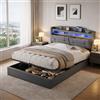 CDQL Letto imbottito 140 x 200 cm con vano molla a gas, letto matrimoniale con vano testiera pieghevole e porta USB, letto a LED con rete a doghe, letto funzionale, letto per ragazzi, lino, grigio