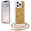 LCHULLE Glitter per iPhone 13 Pro Max Cover con Cordino Regolabile,Oro | Brillantini Custodia con Tracolla, Cover glitterata con Rimovibile Catena,Glitter Transparent TPU Bumper, Silicone Case