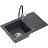 QUADRON Lavello da Cucina in Granito, dimensioni: 70 x 44 x 17,5 cm, colore: nero, BEN 111 Set Lavello a vasca singola: Lavello in Granito + rubinetto flessibile da Cucina nero/acciaio + sifone