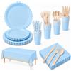 Oranglight Azzurro Baby, Stoviglie usa e getta per feste, 25 persone | 25 persone, piatti da 9 e 7 pollici, bicchieri, tovaglioli, posate in legno, cannucce, tovaglia, per feste e compleanni