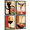 Nacnic Set Di 4 Stampe Cucina Vintage Retrò Quadri Gatto Sardine Martini Vino E Pasta Arredo Sala Da Pranzo Bar A4 Cornice Nera