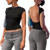 XFSRG Maglia Schiena Scoperta Donna Maglietta a Maniche Corta Elegante Sexy Camicia Slim Fit Camicetta T-Shirt Corta Crop Top Blusa Casual Tinta Unita Clubwear Streetsear (Nero L)