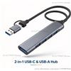 NONE Hub 2-in-1 USB-C e USB-A, docking station ad alta velocità 5 Gbps, splitter USB a 4 porte (1×USB3.0 + 3×USB2.0), espansore USB multiporta per laptop, PC e notebook.