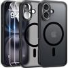 FLLAO Magnetica Cover per iPhone 16, Nero | Compatibile con MagSafe, con 2 Pezzi Vetro Temperato Pellicola, Protezione Fotocamera, Custodia Traslucida Opaca Antiurto