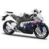 Maisto BMW S1000 RR: fedele modello di moto 1:12, con supporto mobile, sospensioni e ruote rotanti libere, 17 cm, bianco-blu (531191), medio