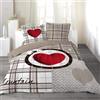 Douceur d'interieur Set di lenzuola matrimoniali in cotone, composto da 3 pezzi, con motivo tartan e cuore "Love Mountain" - Beige e rosso - 240 x 220 cm
