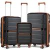 British Traveller Set di Valigie Rigide 3 Pezzi Trolley PP Leggero con TSA Lucchetto (55/65/76cm, Nero)
