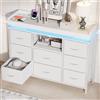 FOERPL Cassettiera a 8 cassetti con illuminazione a LED e multipresa per camera da letto, corridoio, soggiorno, mobile di stoccaggio con cassetti in tessuto, telaio in metallo, vassoio MDF(bianco)