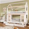 NNJN Letto a castello, letto per bambini, a forma di casetta, mobiletto laterale con scaletta, 2 cassetti, finestre e finiture decorative in legno, pino+MDF, bianco+naturale, 90x200 cm(bianco)