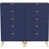 UEV Set di 2 Cassettiere a 5 Cassetti Motivo Linea, 120x34x110cm, Navy Blu | Cassettiera Stretta Salvaspazio da Portaoggetti, Settimino per Soggiorno Corridoio, Comò con Maniglie e Gambe Dorate