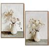 DRW Set di 2 quadri su tela in legno con cornice e vaso con fiori in bianco, verde e grigio, 60 x 3,5 x 90 cm