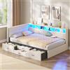 AOGLLATI Letto Singolo Imbottito 90x200 cm con 4 Cassetti e LED, Beige | Testiera imbottita, Porte USB e Type-C, Mensole aperte, Doghe in legno, Luce LED regolabile, Perfetto per gli angoli, Lino