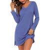 Bresdk Camicia da Notte Donna in Cotone Maniche Lunghe con Pizzo e Scollo V | Camicia da notte monocolore con dettagli in pizzo su scollo a V e polsini, pieghe sul petto e spacchi laterali.