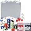 Glac Store Valigetta da Poker Texas Hold'em Blackjack con 100, 200, 300 Chips Fiches, 2 Mazzi di Carte, 5 Dadi e Dealer - Colore Argento (100)