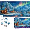 Sonstige Puzzle da 1000 pezzi, soggetto: aurora boreale invernale, casa di neve, adatto a adulti e bambini dai 14 anni in su, dimensioni 80 x 41 cm