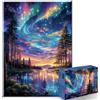 Sonstige Puzzle da 1000 pezzi, adulti, paesaggio di una foresta illuminata dall'aurora boreale, dimensioni 70x50 cm