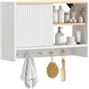 HOMCOM Armadio da parete per bagno 60x20x40cm bianco e rovere | Unità di stoccaggio sospesa, porta, ripiani aperti, 5 ganci, armadietto per WC
