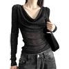 EMOTTOS Top Sexy a Rete da Donna, Slim Fit Sequin Stamping Sheer Mesh Manica Lunga, Senza Spalline Collo Swing Vedere Attraverso Camicie per Le Donne, Top Sexy Clubwear Femminile (Nero/Bianco, S-XL)