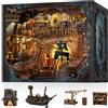 Sonstige Kit di puzzle in legno 3D per adulti, "Baia dei Pirati" con luci LED | Miniatura da assemblare per libreria