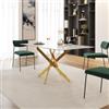 DEGHI Tavolo 150x80 cm piano in vetro effetto marmo bianco lucido 10 mm e gambe incrociate oro - Noel