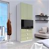 DEGHI Armadio battente 92x240h cm 2 ante e 3 cassetti con soft close e modulo per tv bianco e verde - Jennifer