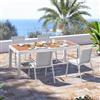 DEGHI Set pranzo tavolo 200/300x100 cm top effetto legno caramello e 4 sedie in textilene e alluminio bianco - Carioca Wood