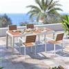 DEGHI Set pranzo tavolo 200/300x100 cm top effetto legno caramello e 4 sedie con braccioli in alluminio bianco - Carioca Wood