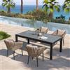 DEGHI Set pranzo antracite con tavolo 200/300x100 cm top in vetro e 4 poltroncine in corda cappuccino - Kyla