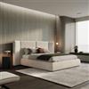 DEGHI Letto matrimoniale 160x190 cm tessuto effetto maglia beige con testata ampia e contenitore - Sipario