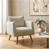DEGHI Poltrona in ciniglia beige con gambe in legno rovere scuro e braccioli - Nafira