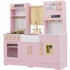 RELAX4LIFE Cucina Giocattolo in Legno per Bambini, Mini Cucina con Forno, Microonde e Distributore d'Acqua, Accessori Realistici, Natale/Compleanno/Feste (Rosa)