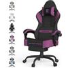 Lointain Poltrona Gaming con Massaggio e Poggiapiedi, Nero-Viola | Sedia da Scrivania Ergonomica in Tessuto con Seduta da 51 cm, Schienale Reclinabile e Braccioli Sincronizzati per PC
