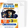 VynyQoo 12 Fogli A4 di Carta Transfer per Tessuti Neri e Scuri | Carta Termoadesiva con 3 Fogli Protettivi, per Stampanti Inkjet e Laser, Senza Stampa Speculare, per T-Shirt, Borse e Felpe