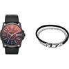 Diesel orologio da uomo Master Chief in pelle nera e bracciale in acciaio inossidabile color argento, set