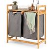 COSTWAY 70 L Cesto della Biancheria Sporca in Bambù Ecologico Grigio | Portabiancheria Sporca a 2 Scompartimenti con Borse Rimovibili, Anti-odore e Durevole, per Bagno e Lavanderia