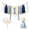 exylosluxek Set di 3 Pezzi Decorativi Blu per Primo Compleanno Bambino | Set completo con ghirlanda per seggiolone, topper torta One e cappellino blu, realizzato in filo di cotone e legno naturale