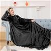 Aisbo Plaid Felpa Coperta con Maniche - Pigiama Oversize Coperta Indossabile Donna e Uomo Flanella Regalo Compleanno Natale Donna TV Blanket (Nero,150x200cm)