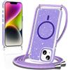 Niokfrci Magnetica Cover per iPhone 14/iPhone 13 con Cordino, Compatibile con MagSafe, Design Bling Glitter Fluorescente, Sottile Traslucida Custodia con Viola Corda Collana Tracolla per iPhone 14/13
