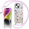 Krdvekm Cover per iPhone 14 / iPhone 13 6,1'' con Cordino, Aesthetic Fiori Motivo Disegno Trasparente Silicone Ragazze Case Corda con Regolabile Laccio Antiurto Antigraffio Bumper Custodia, Viola