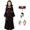 LXUBDXY Costume Vampiro Bambina, Vestito Vampira Bambina con Collana, Rosa e Adesivi Tatuaggi Cicatrici, Costume Halloween Ragazza, Vampirina Costume per Halloween Carnevale Cosplay Feste a Tema