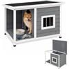 GYMAX Casetta per Cani da Esterno in Legno Massello con Tetto, 86x63x60 cm | Cuccia Gatto Esterno con Terrazza, Finestra Ventilata, Piedini Rialzati e Pavimenti Rimovibili, Esterno e Interno
