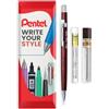 Pentel Matita meccanica P203 con mine HB da 0,3 mm + set di ricarica gomma | Impugnatura a costine, ricaricabile, per disegno tecnico, schizzi, scrittura, architettura, gomma incorporata