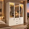 MIOOSUT Armadio Guardaroba 4 Ante con 3 Cassetti e LED, Armadio Camera Da Letto Bianco, Mobile Con Appendiabiti, Armadio Moderno Salvaspazio, Armadio Guardaroba con Specchio