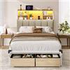 iPormis Letto da 90 x 200 cm con 2 cassetti, struttura del letto 90 x 200 cm con LED e stazione di ricarica, letto in metallo e testiera in lino con 2 ripiani, per camera da letto, senza materasso