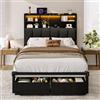 iPormis Letto da 90 x 200 cm con 2 cassetti, struttura del letto 90 x 200 cm con LED e stazione di ricarica, letto in metallo e testiera in lino con 2 ripiani, per camera da letto, senza materasso
