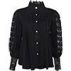 Generisch Camicia da donna elegante in pizzo con maniche a lanterna, colletto alto, a maniche lunghe, camicetta in pizzo, alla moda, patchwork, top con collo alto, bianco