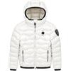 Blauer Giubbotto Lowell Piumino a Onde Bianco | Cappuccio Fisso, Patch con Strass, Chiusura a Zip, Polsini a Costine, Tasche con Zip